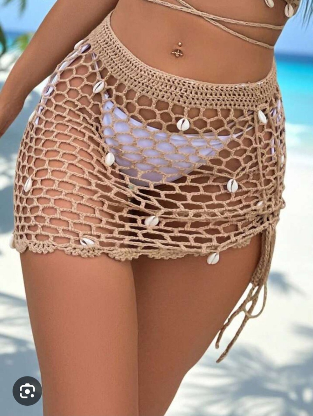 Beige Crochet Shell Mini Beach Cover-Up